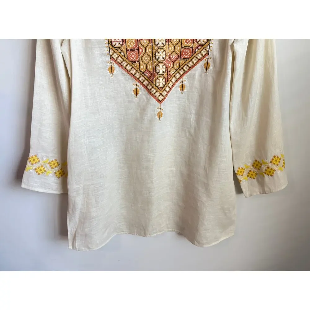 Tory Burch Embroidered Linen Tunic Mini Dress French Cream Women's Size M NWT